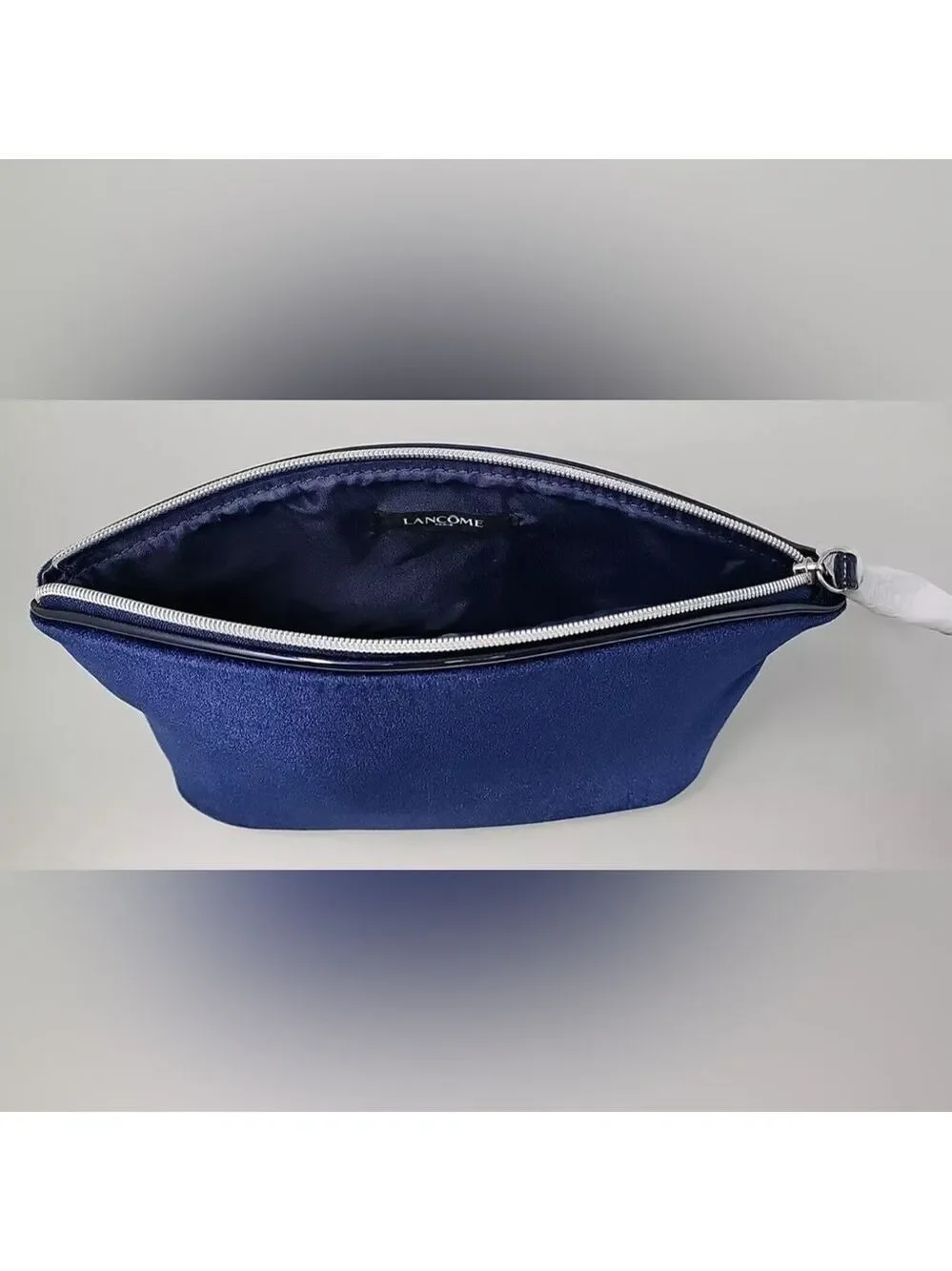 Lancome Dark Blue Velvet Luxury Makeup Cosmetics Bag Wrist Strap Zipper Clutch